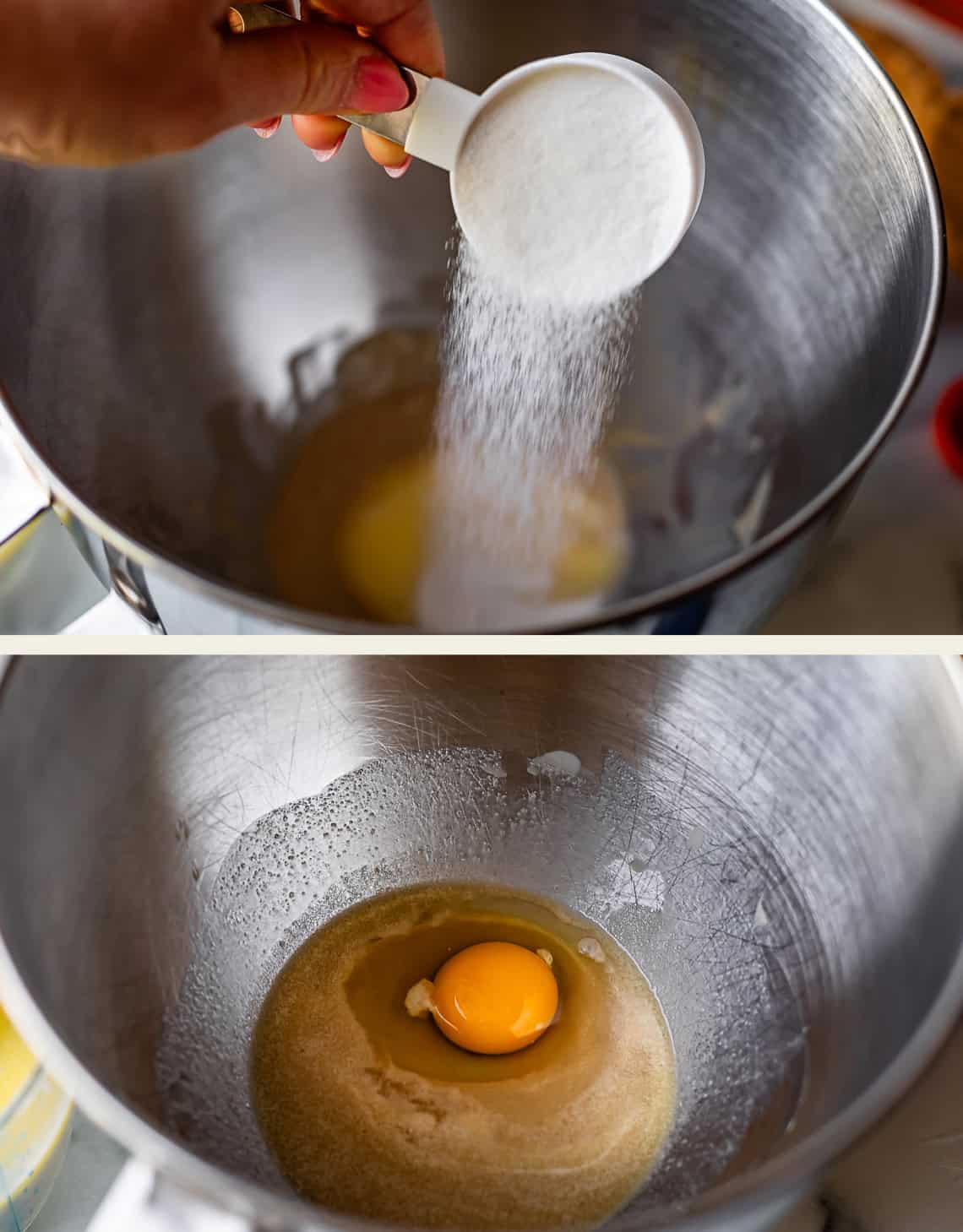 Top: A hand pours sugar from a white measuring cup into a metal mixing bowl with eggs. Bottom: A single raw egg sits in a metal bowl with sugar and another ingredient, ready to be mixed.