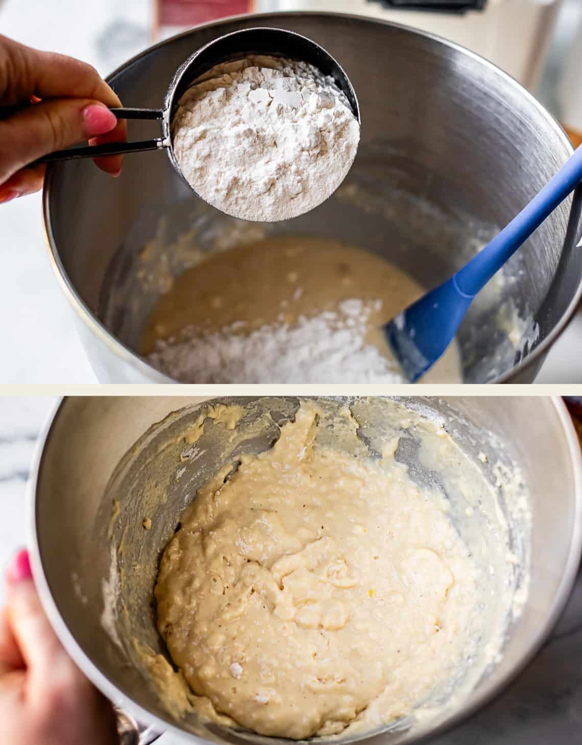 Two images: Top shows a hand adding flour from a measuring cup into a bowl with batter and a blue spatula. Bottom shows the bowl with fully mixed, lumpy batter.