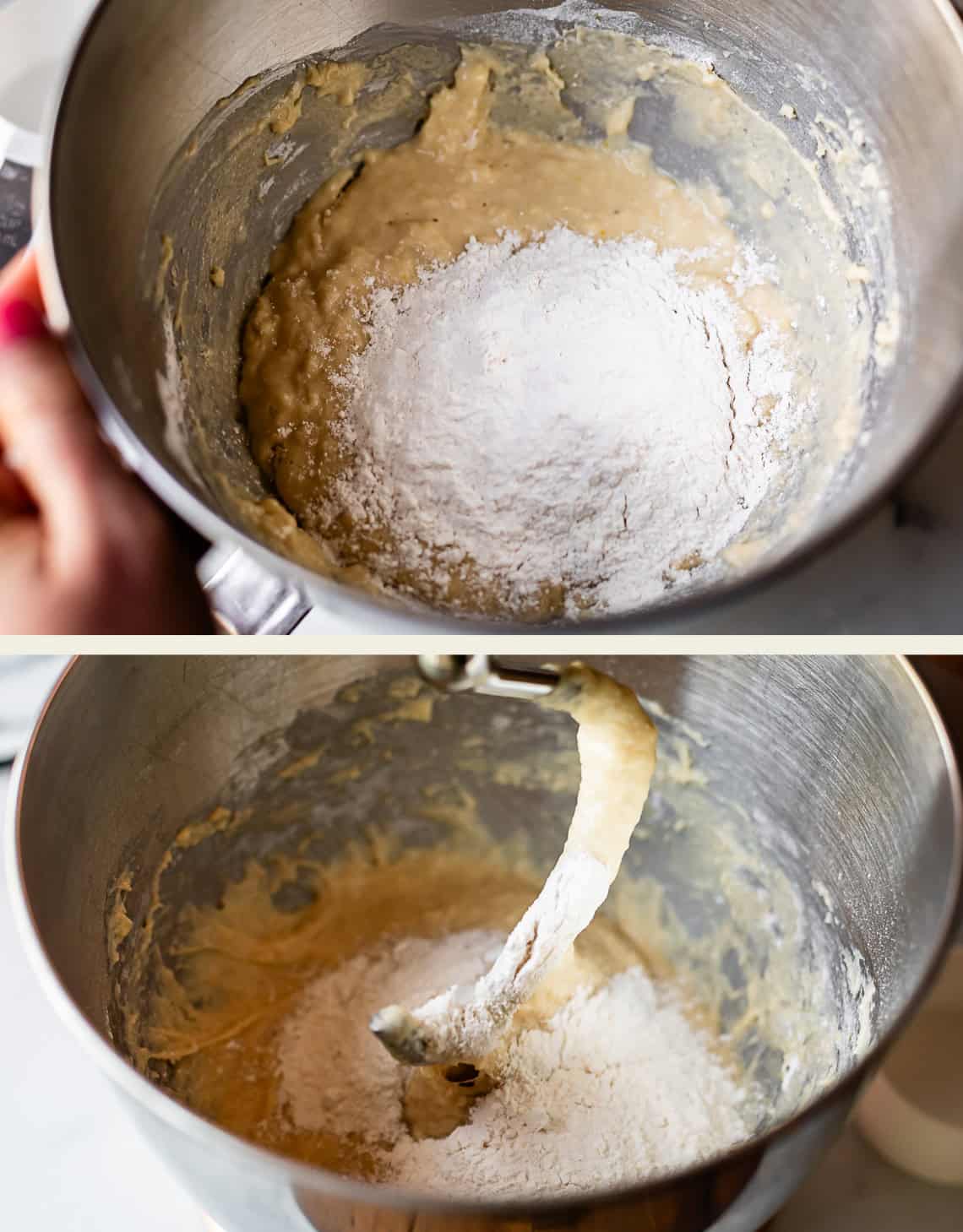Two photos of a metal mixing bowl: both show a thick batter with a mound of flour on top, ready to be mixed. The second photo includes a dough hook partially submerged in the mixture.