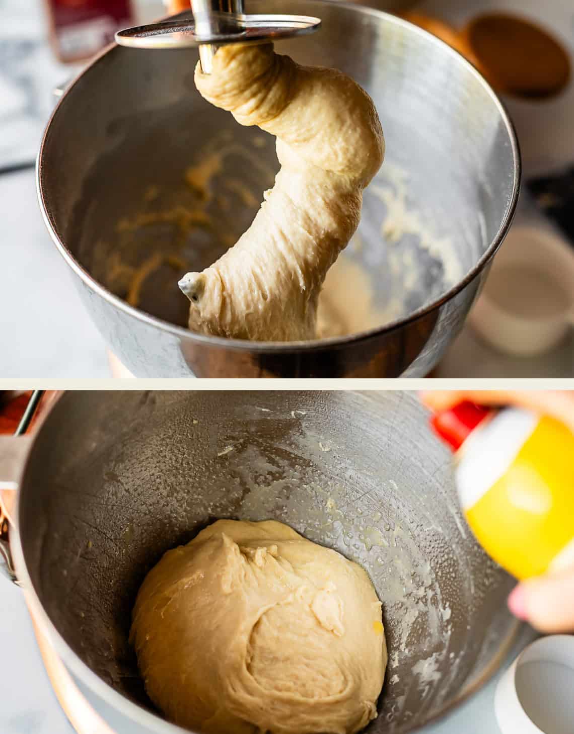 Two images: the top shows dough being kneaded on a stand mixer hook above a metal bowl; the bottom shows the finished dough in the same bowl being sprayed with oil by a hand holding a yellow and red can.