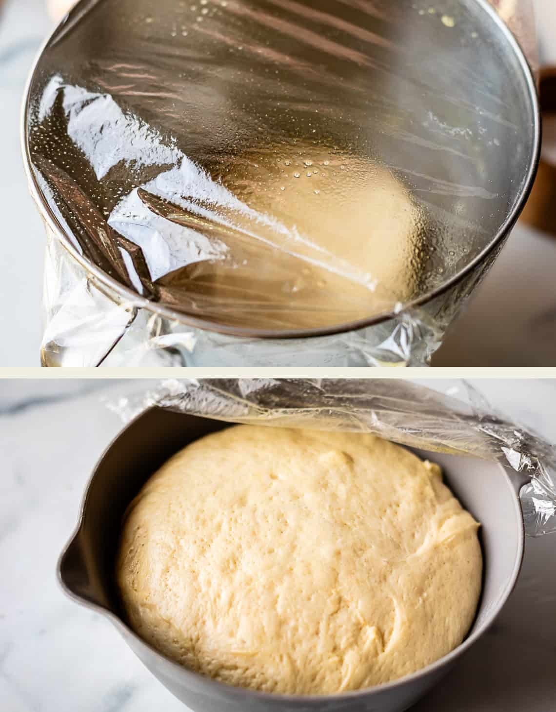 Two images of bread dough in a bowl covered with plastic wrap. The top image shows the dough before rising; the bottom image shows the dough after rising, having expanded to fill more of the bowl.