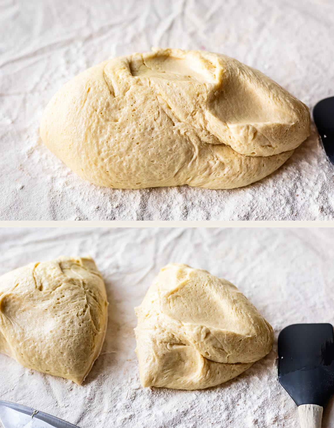 A soft, lightly floured dough rests on a surface in the top image, while in the bottom image, the dough is divided into two pieces next to a black spatula.