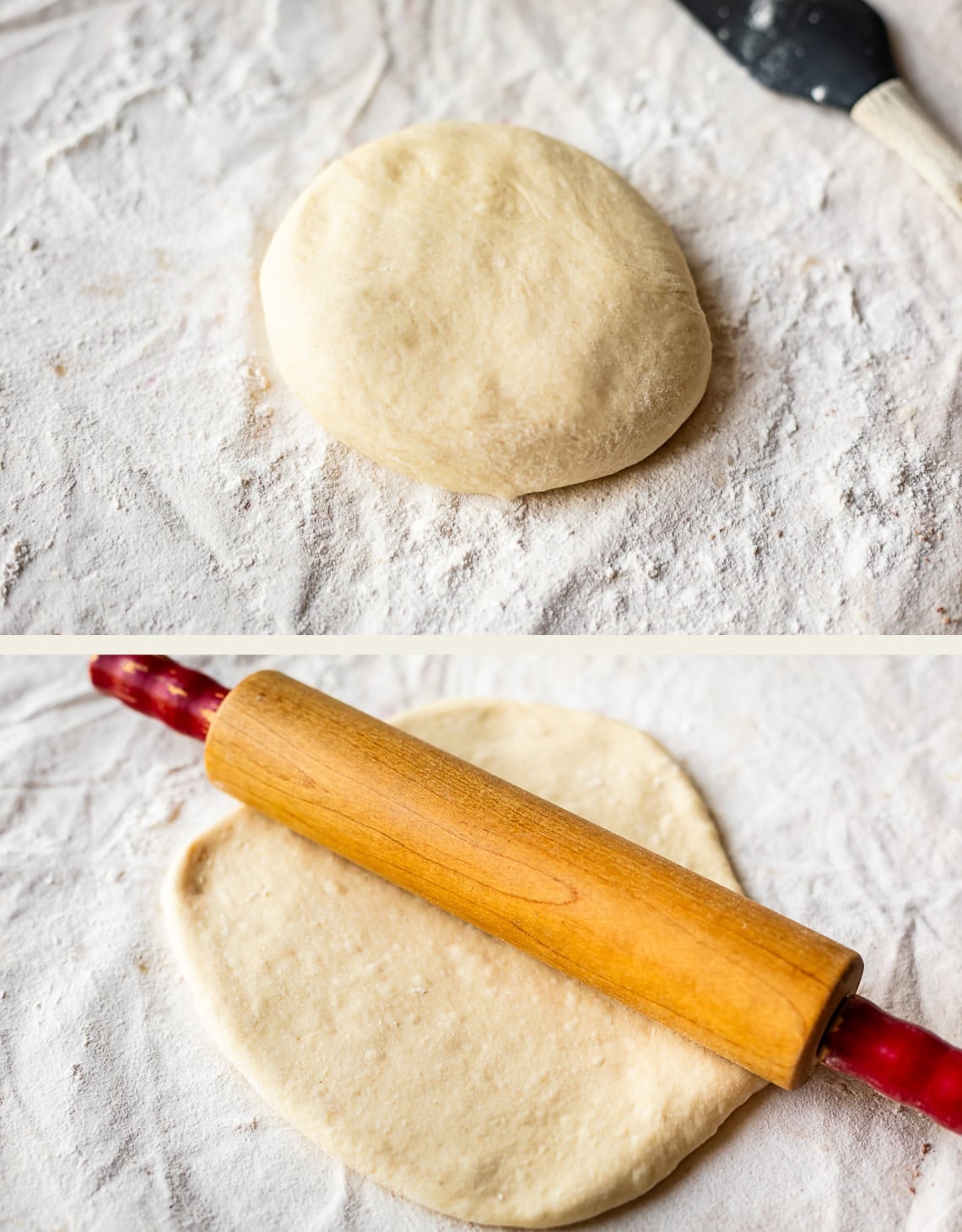 Two images show dough on a floured surface: the top image has a round ball of dough, and the bottom image shows the dough being rolled flat with a wooden rolling pin.