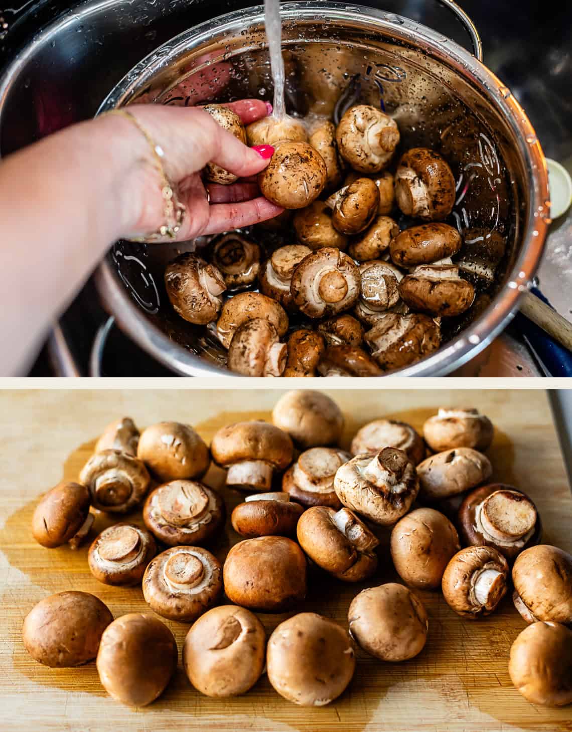 A hand washes brown mushrooms in a colander under running water; below, cleaned mushrooms are spread out on a wooden cutting board.