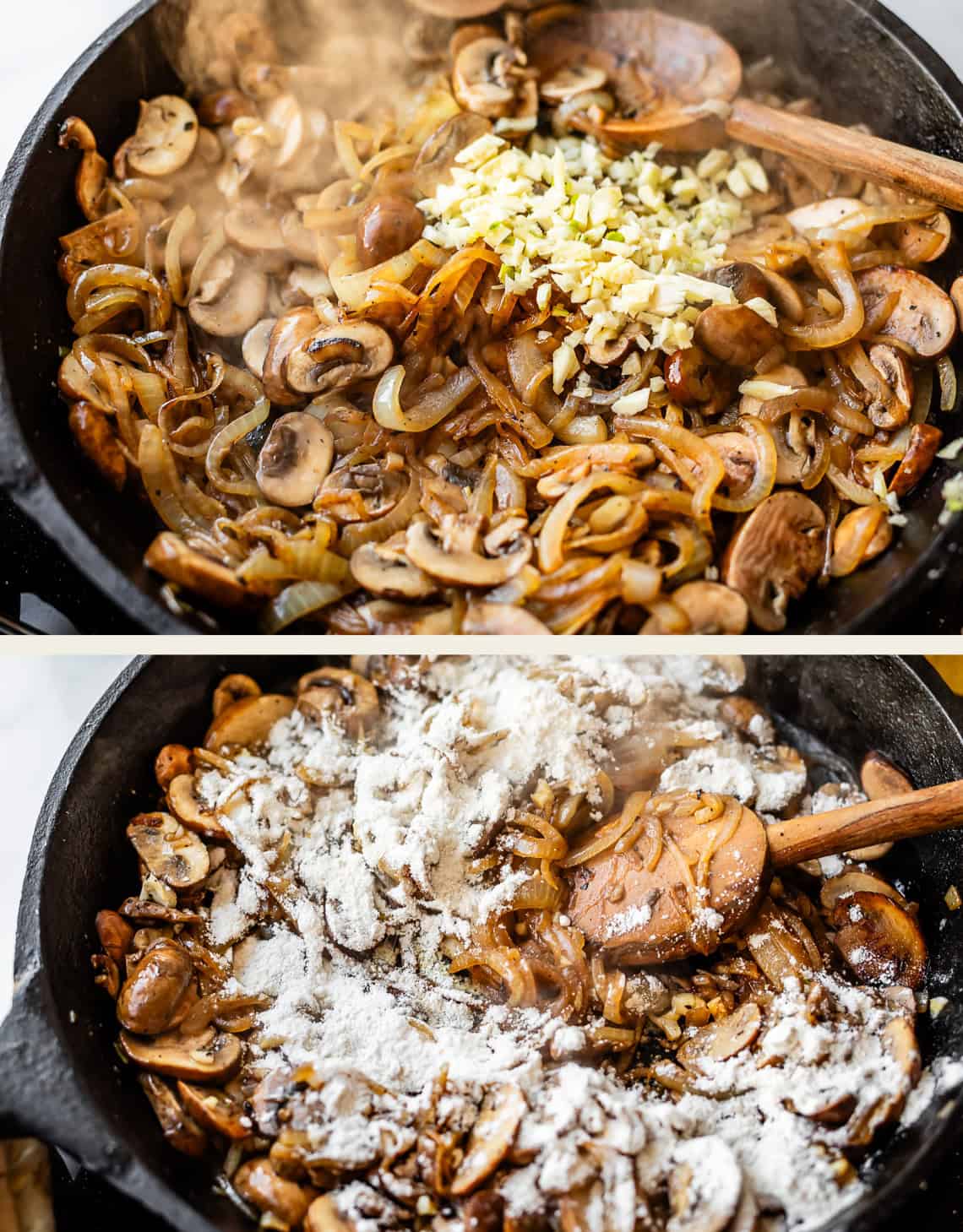 Two images of a cast iron skillet: the top shows saut&eacute;ed onions, mushrooms, and minced garlic being stirred with a wooden spoon; the bottom shows the mixture topped with flour, ready to be mixed in.