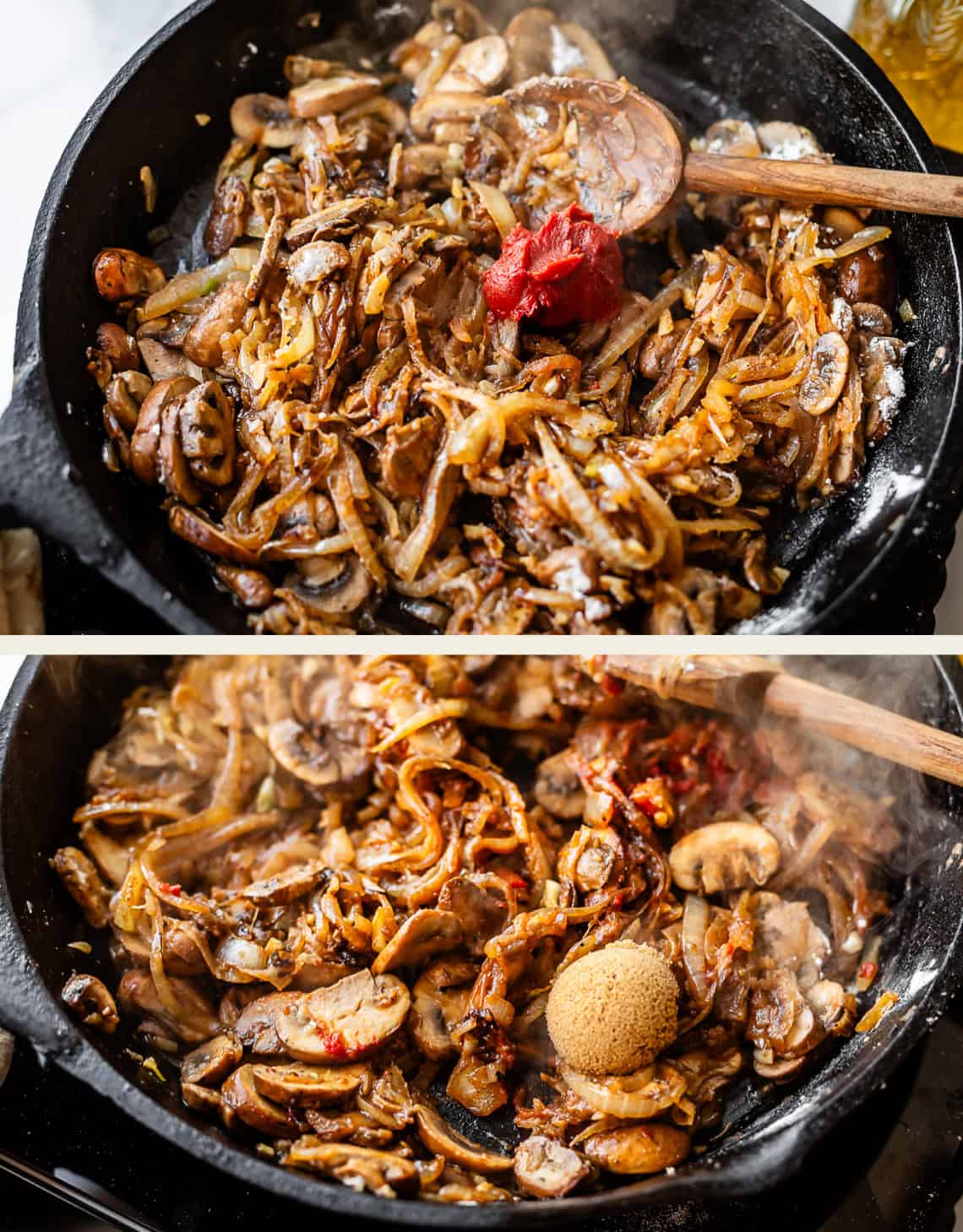 Two images of a cast iron skillet with cooking onions and mushrooms. The top shows tomato paste being added, while the bottom shows a scoop of brown sugar being added and everything being mixed with a wooden spoon.