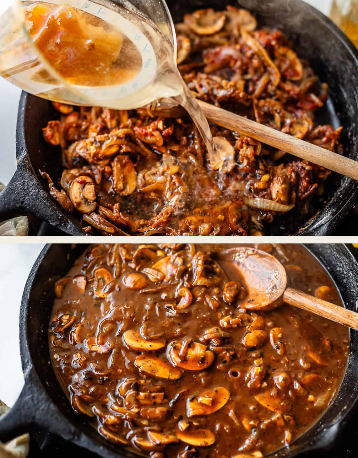Two images: Top shows broth being poured into a skillet with saut&eacute;ed mushrooms and onions, stirred with a wooden spoon. Bottom shows the same skillet with the mixture now cooked into a thick, rich sauce.