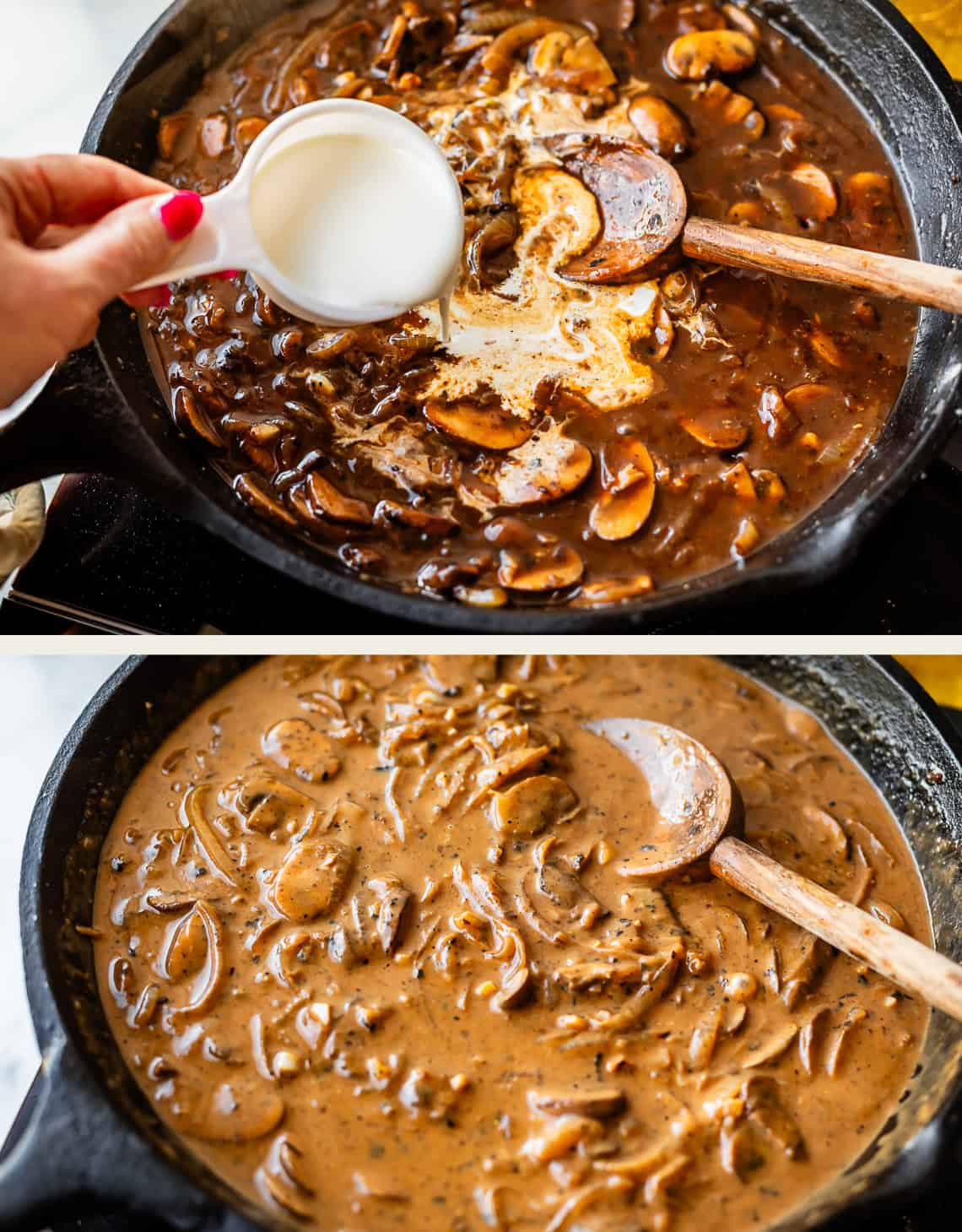 Two images: The top shows a hand pouring cream into a skillet of mushroom sauce being stirred with a wooden spoon. The bottom shows the finished creamy mushroom sauce thickened and well mixed in the same skillet.