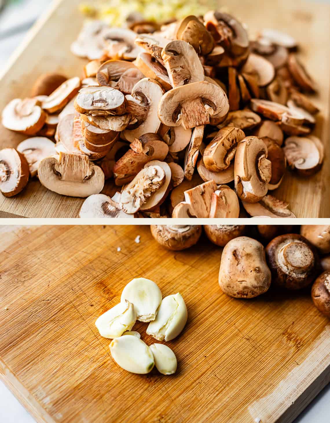 Two sections: Top shows a pile of sliced brown mushrooms on a wooden cutting board; bottom shows whole brown mushrooms and several peeled garlic cloves on another cutting board.