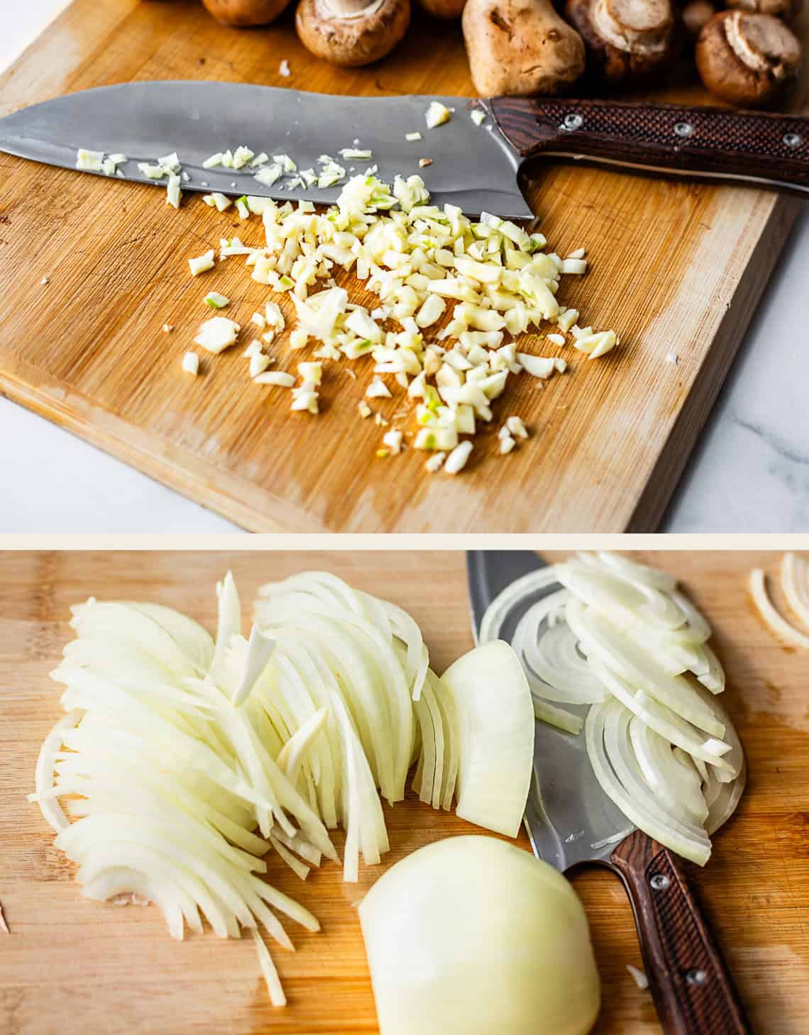 A collage showing chopped garlic and mushrooms on a cutting board with a knife in the top image, and sliced onions on a cutting board with a knife in the bottom image.