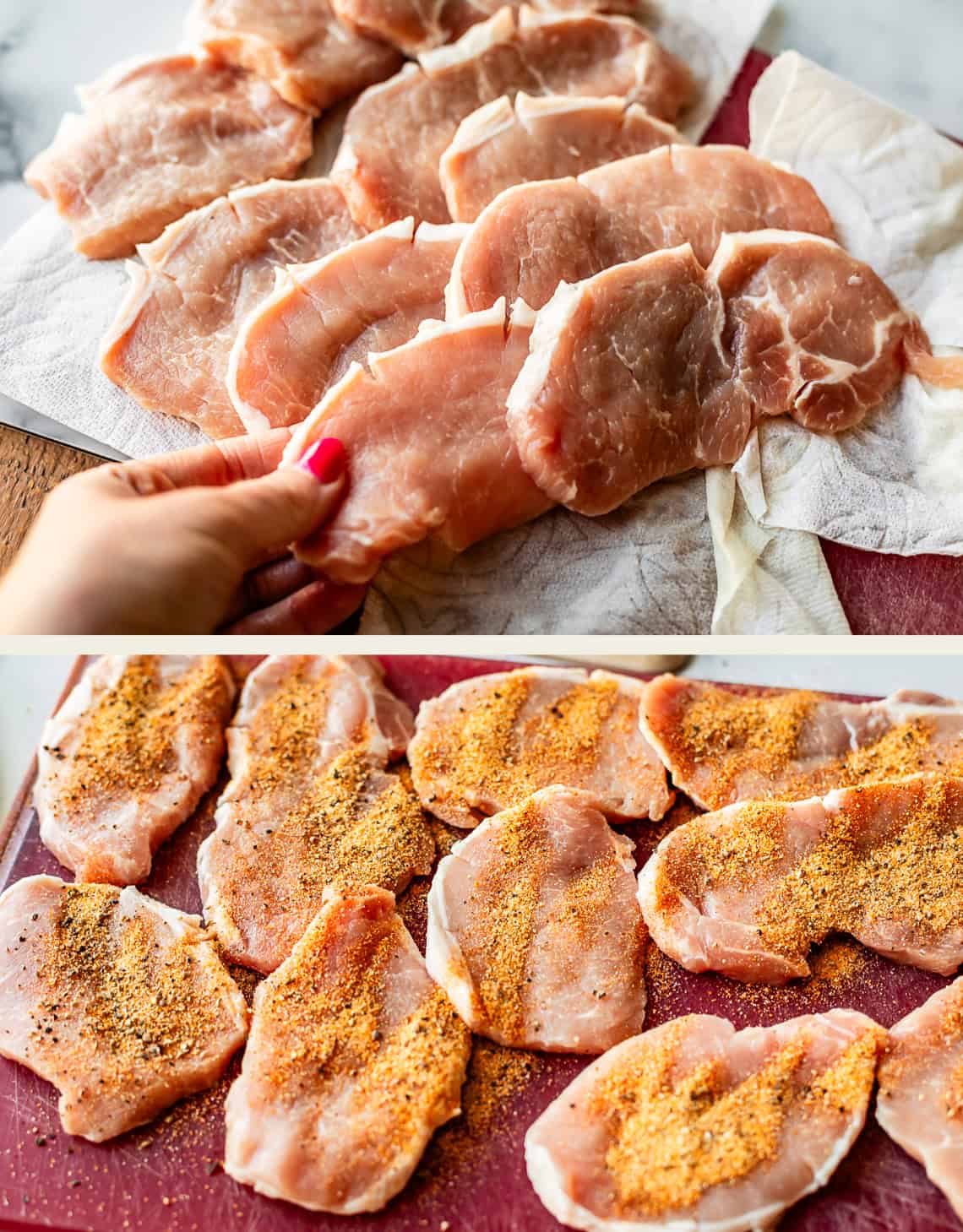 Two images: Top shows a hand holding a raw pork chop among several on a towel. Bottom shows the pork chops arranged on a cutting board, now sprinkled with a seasoning mix.
