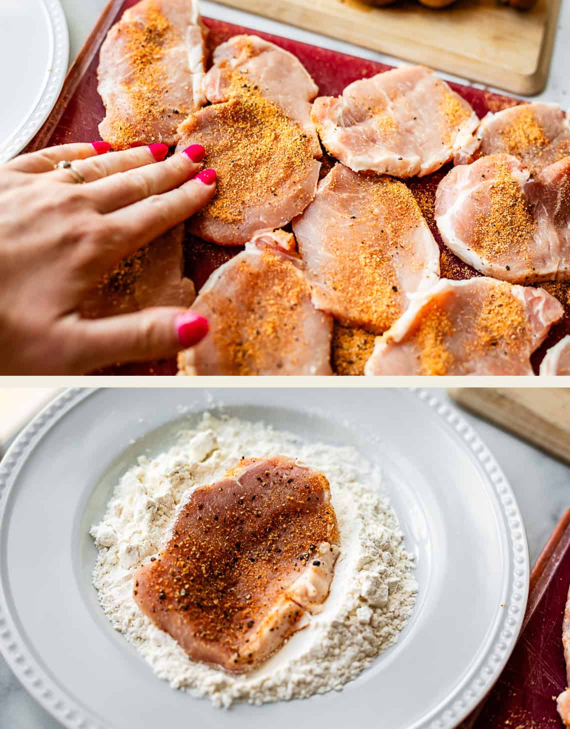 Top: A hand with red nail polish sprinkles seasoning onto raw pork chops. Bottom: A seasoned pork chop is placed on a plate of flour, ready for coating.
