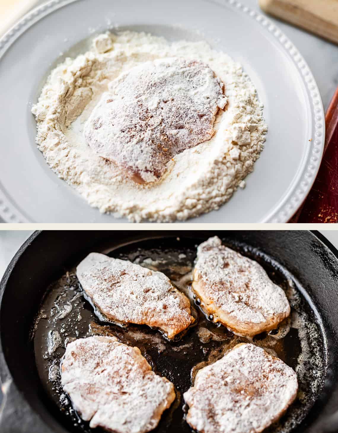 Top: Raw chicken coated in flour on a white plate. Bottom: Four pieces of flour-coated chicken frying in a black skillet with oil.