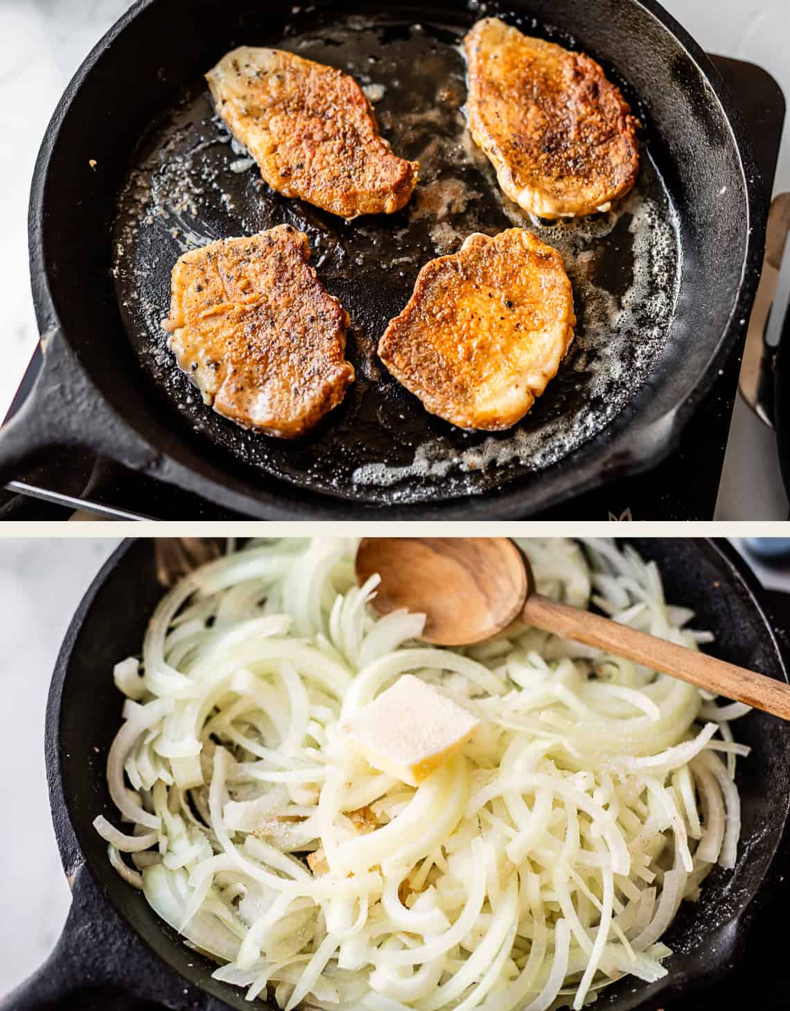 Top: Four seasoned pork chops searing in a cast iron skillet with bubbling oil. Bottom: Sliced onions in a skillet with a pat of butter and a wooden spoon.