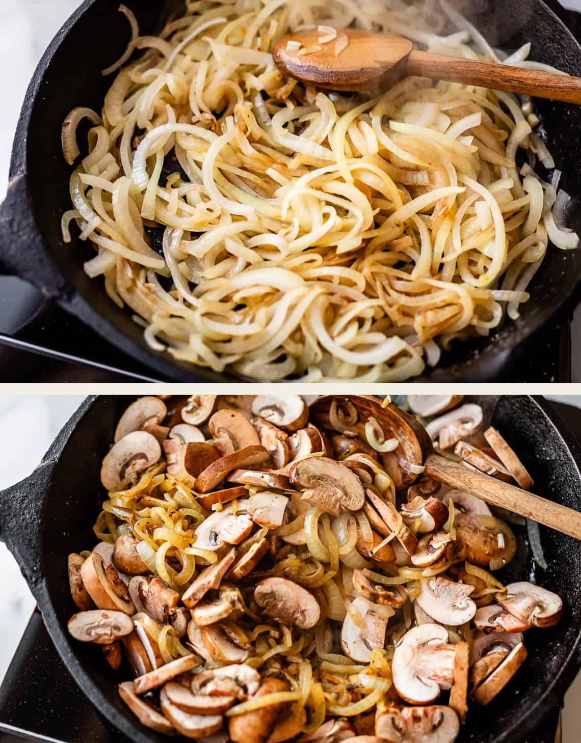 Top: Sliced onions cooking in a cast iron skillet with a wooden spoon. Bottom: Sliced mushrooms added to the skillet with cooked onions, being stirred with the same wooden spoon.