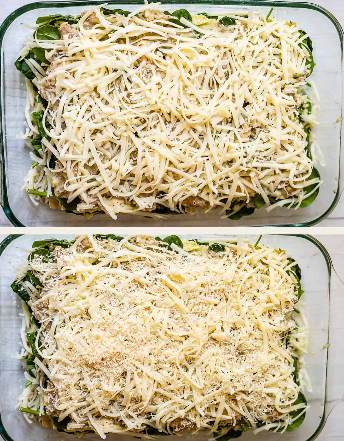 Two glass baking dishes filled with an unbaked casserole. Both dishes are layered with spinach, shredded cheese, and other ingredients, ready to be cooked. The top casserole has more visible shredded cheese, while the bottom has a finer cheese topping.