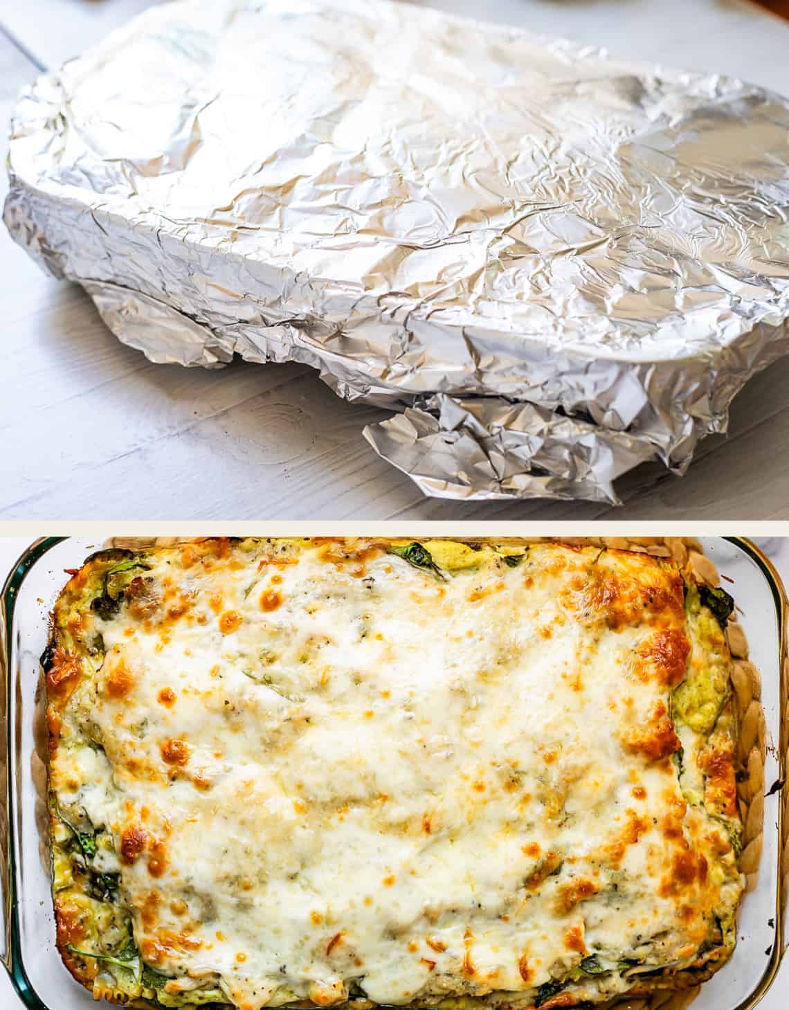 A side-by-side image: the top shows a baking dish covered with crumpled aluminum foil, and the bottom shows a freshly baked, cheesy casserole with a golden-brown top in a glass dish.