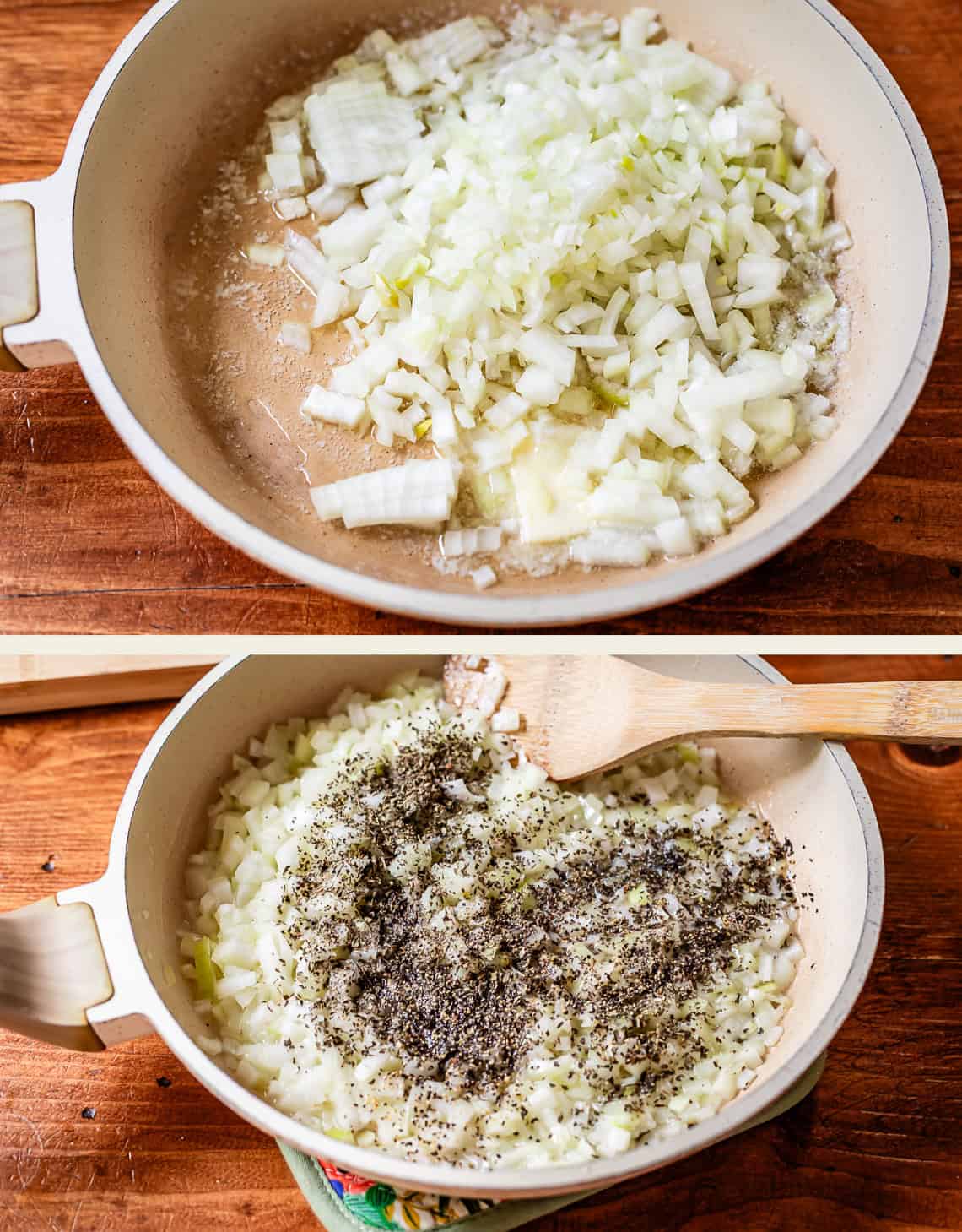 Two images show chopped onions being saut&eacute;ed in a light-colored skillet. The first image shows just the onions, while the second shows the onions mixed with ground black pepper and stirred with a wooden spoon.