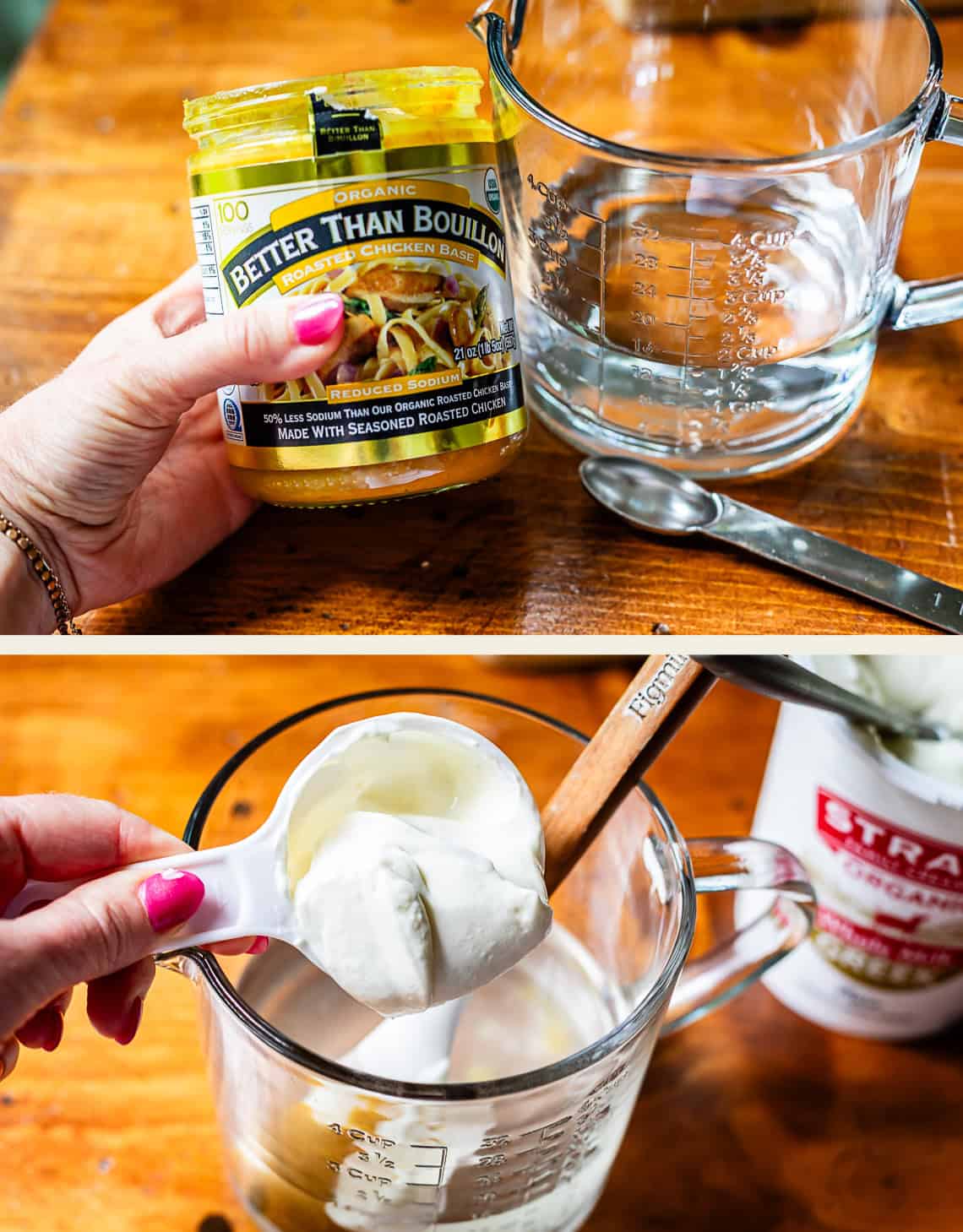 Two images: Top&mdash;A hand holds a jar of Better Than Bouillon base next to a glass measuring cup and a spoon. Bottom&mdash;A hand scoops yogurt from a container into the same measuring cup on a wooden table.