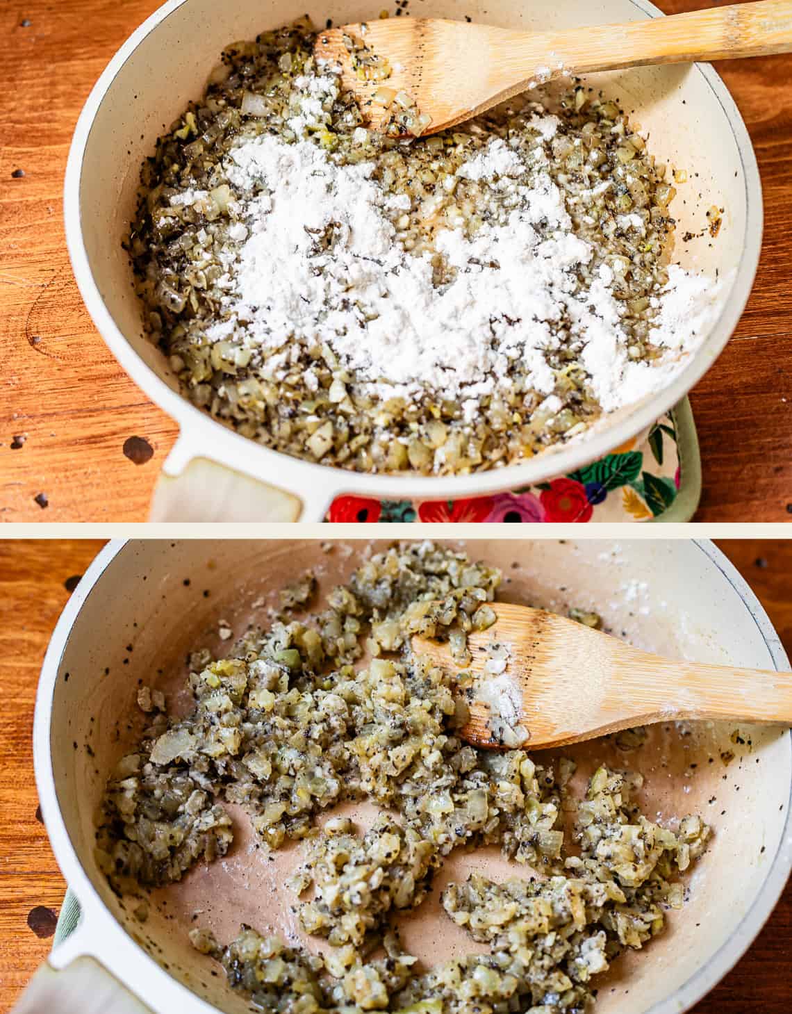 Two images show a white pan on a wooden surface with diced vegetables and a wooden spoon. In the first image, flour is sprinkled over the veggies; in the second, the flour has been stirred in and mixed thoroughly.