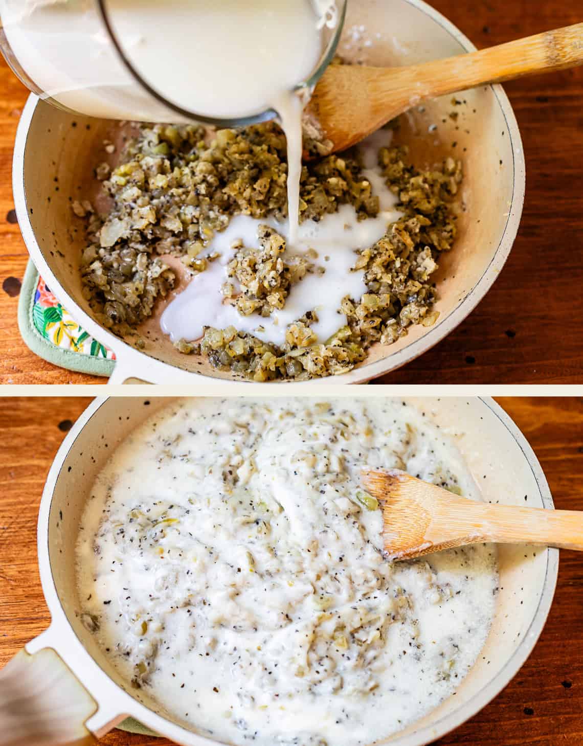 Two images show a creamy mixture being prepared in a pot. The first image shows milk being poured over saut&eacute;ed vegetables and seasonings. The second image shows the ingredients mixed together with a wooden spoon.