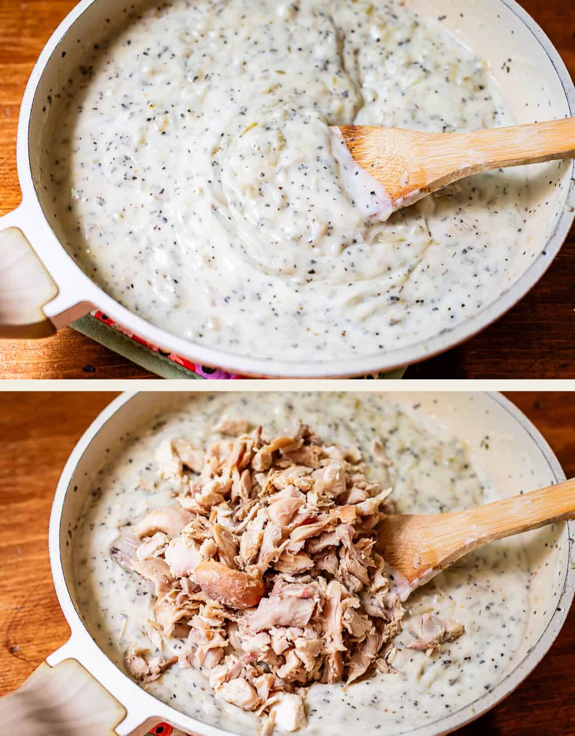 Two images show a creamy, herb-speckled sauce being stirred with a wooden spoon in a pan. In the second image, shredded chicken has been added to the sauce, ready to be mixed in.