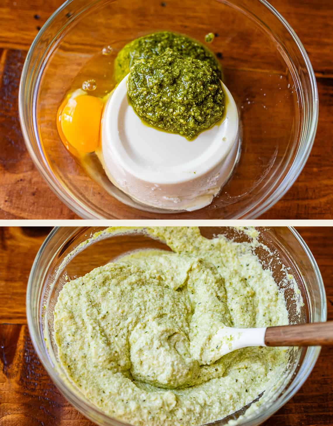 Top: A glass bowl with an egg, pesto, and ricotta cheese. Bottom: The same bowl after the ingredients have been mixed together with a spatula to form a creamy green mixture.
