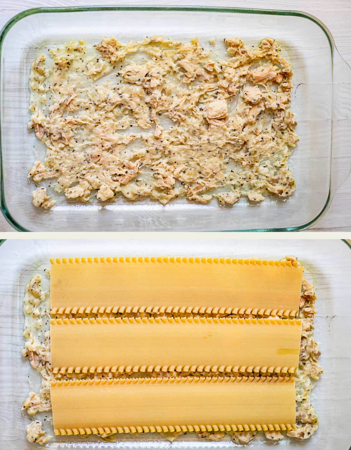A glass baking dish with a layer of creamy chicken filling on the bottom in the top image, and three uncooked lasagna noodles placed over the filling in the bottom image.