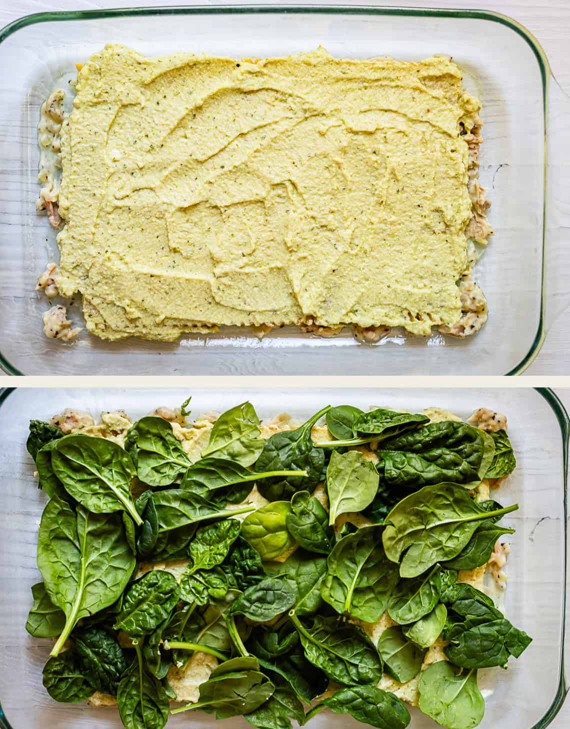 A glass baking dish shown in two stages: the top half displays a creamy yellow mixture spread over a base layer, and the bottom half has fresh spinach leaves layered on top of the mixture.