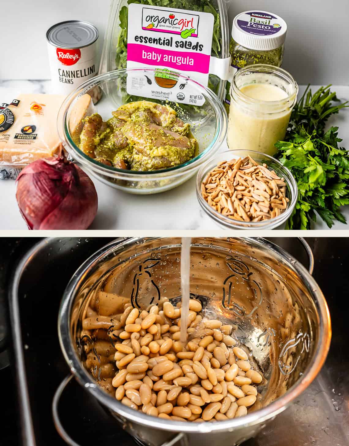 Two images: Top shows ingredients for a salad, including arugula, marinated chicken, red onion, cannellini beans, slivered almonds, Parmesan, parsley, dressing, and spices. Bottom shows beans being rinsed in a colander under running water.