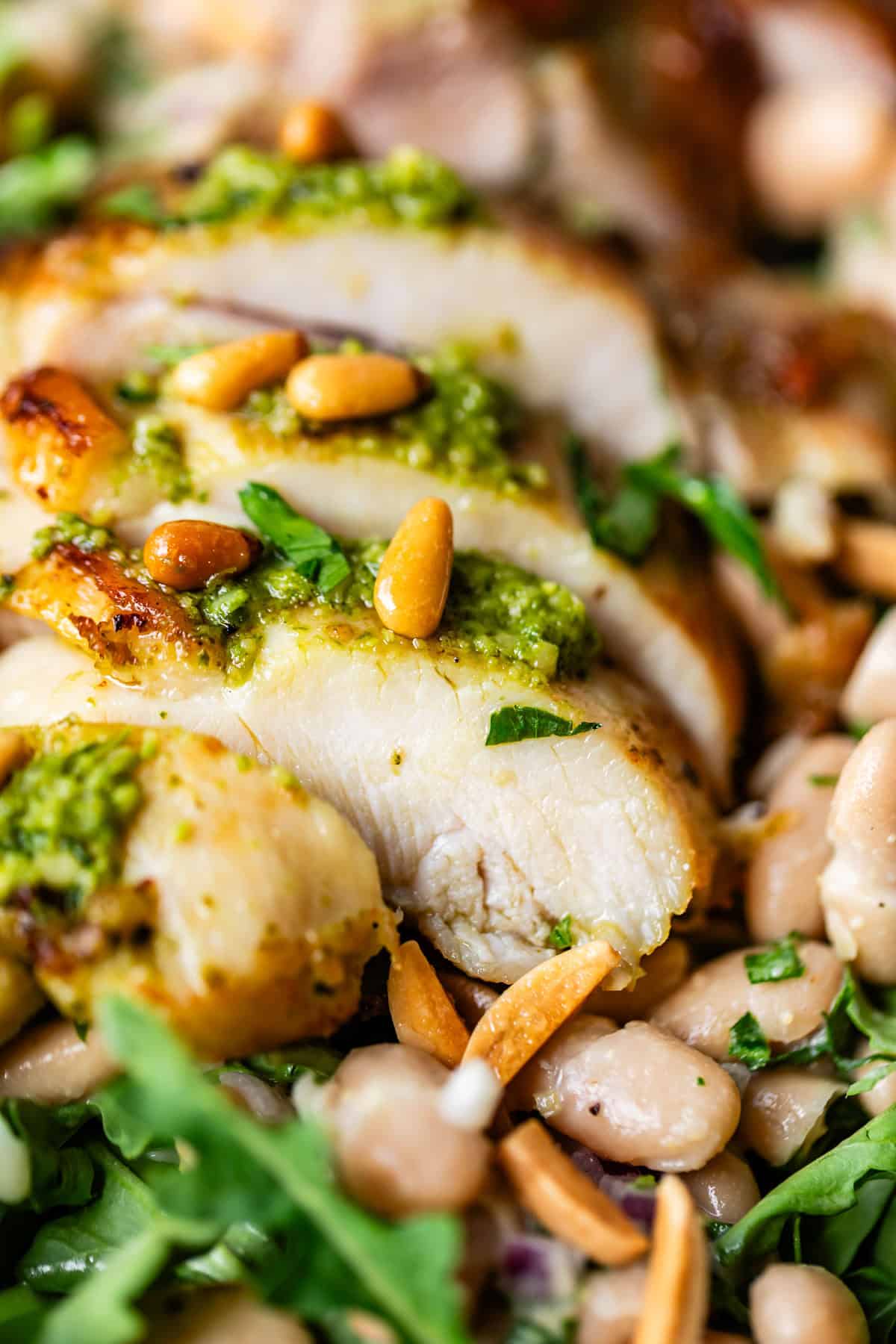 Close-up of sliced grilled chicken breast topped with green pesto and pine nuts, served on a bed of salad greens and white beans.