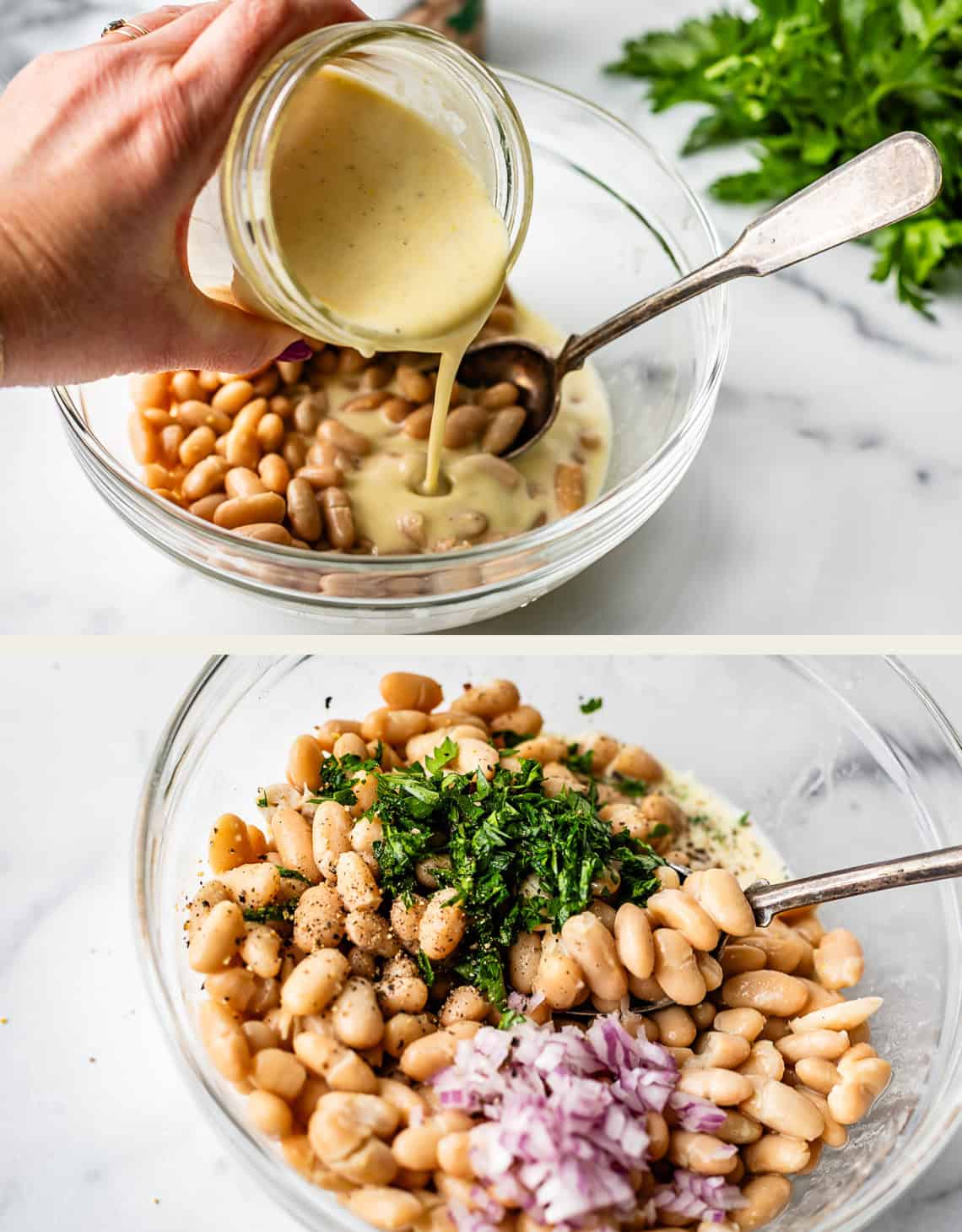 A hand pours creamy dressing over white beans in a glass bowl; another image shows the beans mixed with chopped herbs, red onion, and black pepper, with a metal spoon and fresh parsley nearby.