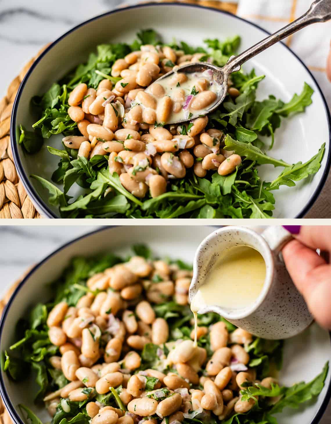 Two images show a fresh salad with arugula and white beans. In the first, a spoon drizzles dressing over the salad. In the second, a hand pours creamy dressing from a small pitcher onto the salad.