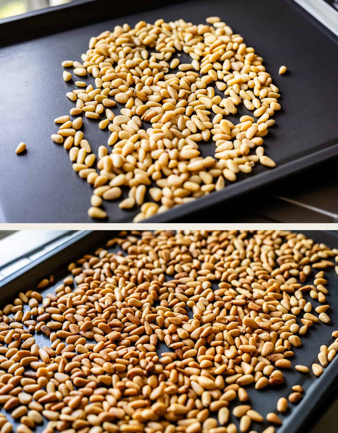 Two images: the top shows raw pine nuts scattered on a baking sheet; the bottom shows the same pine nuts after roasting, now golden brown and evenly distributed on the sheet.