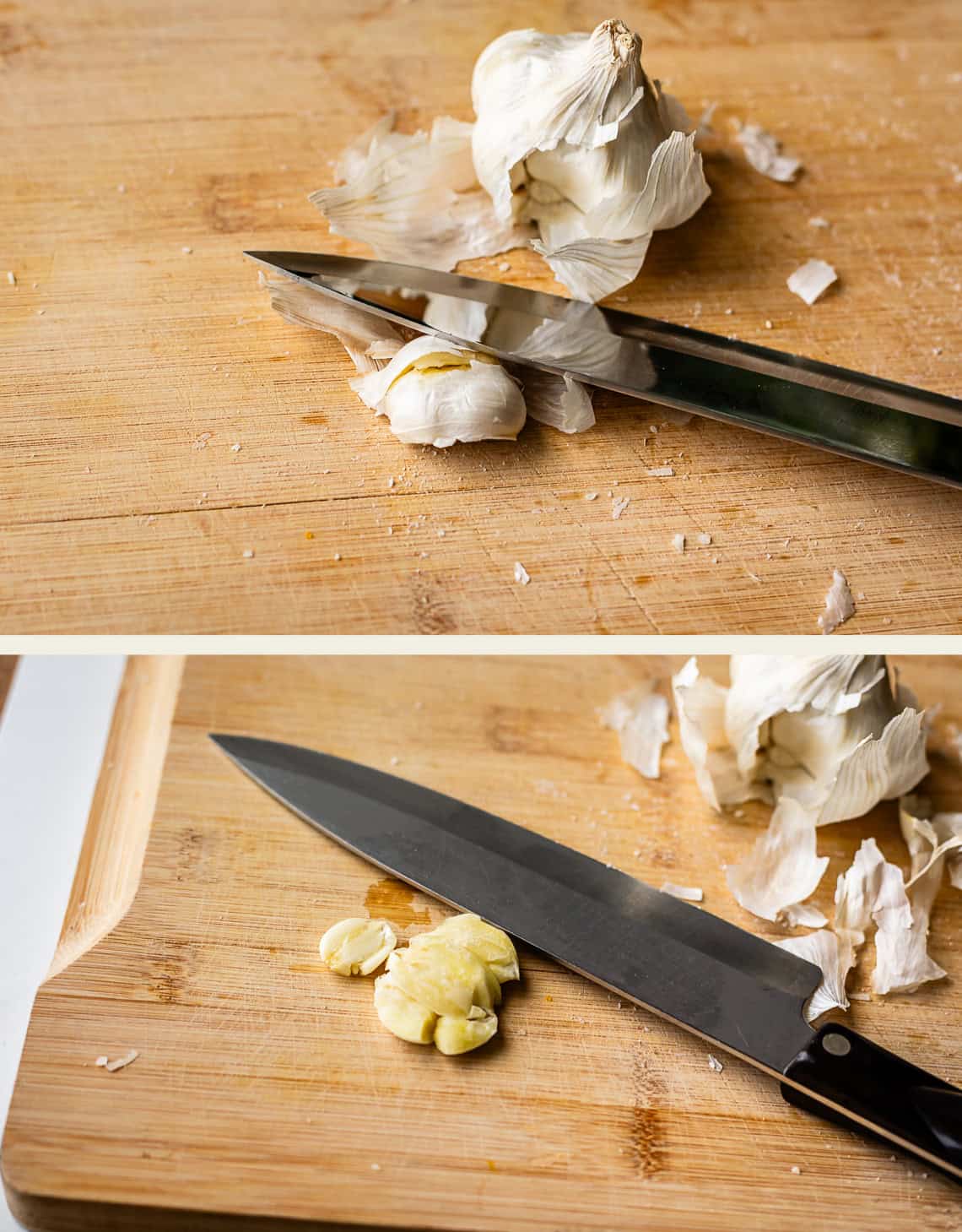Two images show a large kitchen knife and garlic on a wooden cutting board. The top image shows the knife and unpeeled garlic, while the bottom shows the garlic partially crushed with the knife blade.