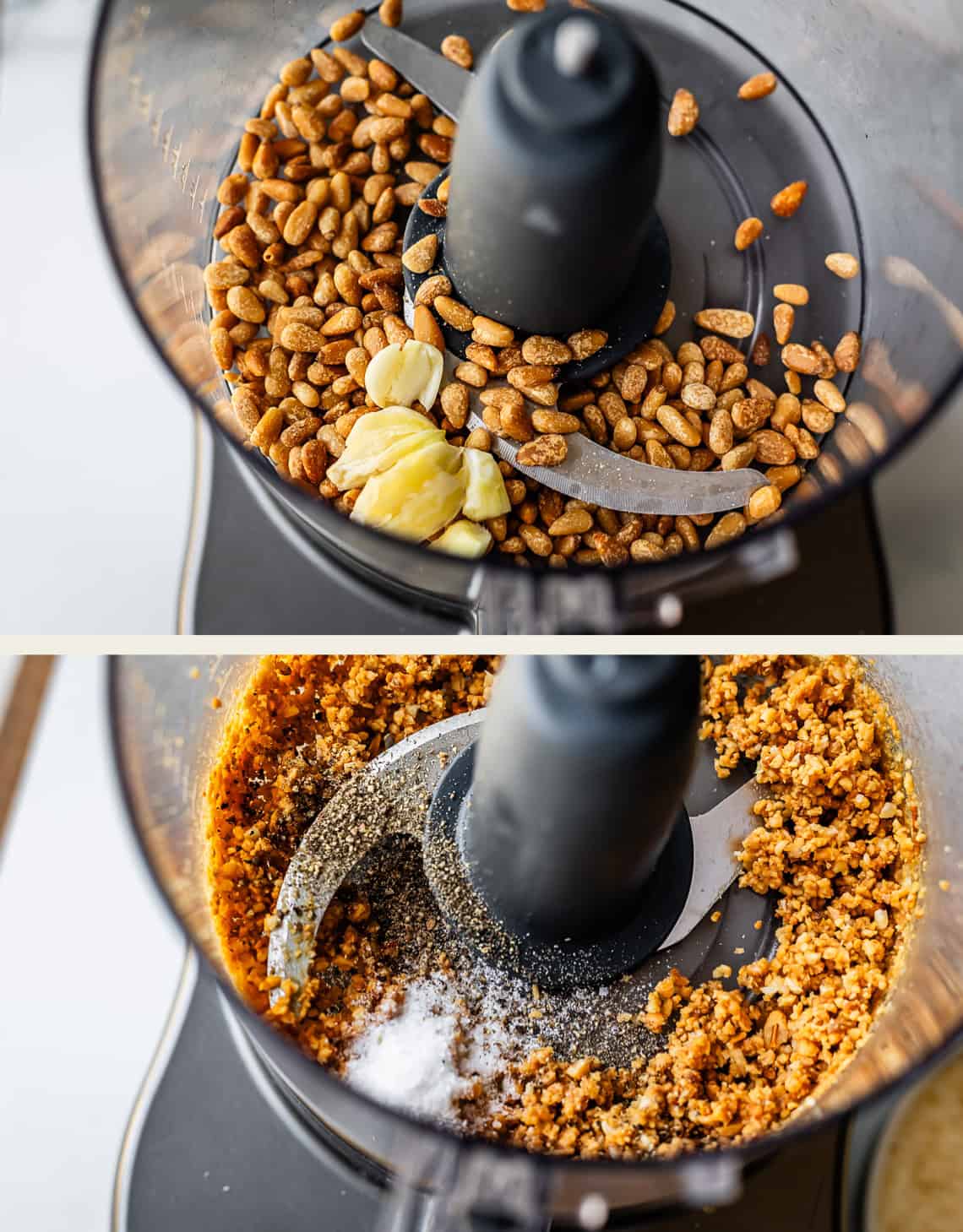 Two images of a food processor: the top shows pine nuts and peeled garlic cloves; the bottom shows the mixture ground with added salt and black pepper.