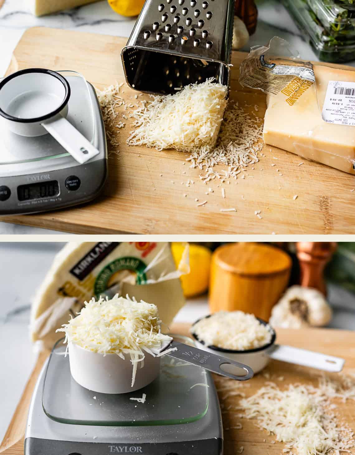 Top image: Shredded parmesan cheese falling from a metal grater onto a wooden cutting board with a cheese wedge, digital scale, and measuring cup nearby. Bottom image: A cup filled with shredded parmesan sits on a digital scale.