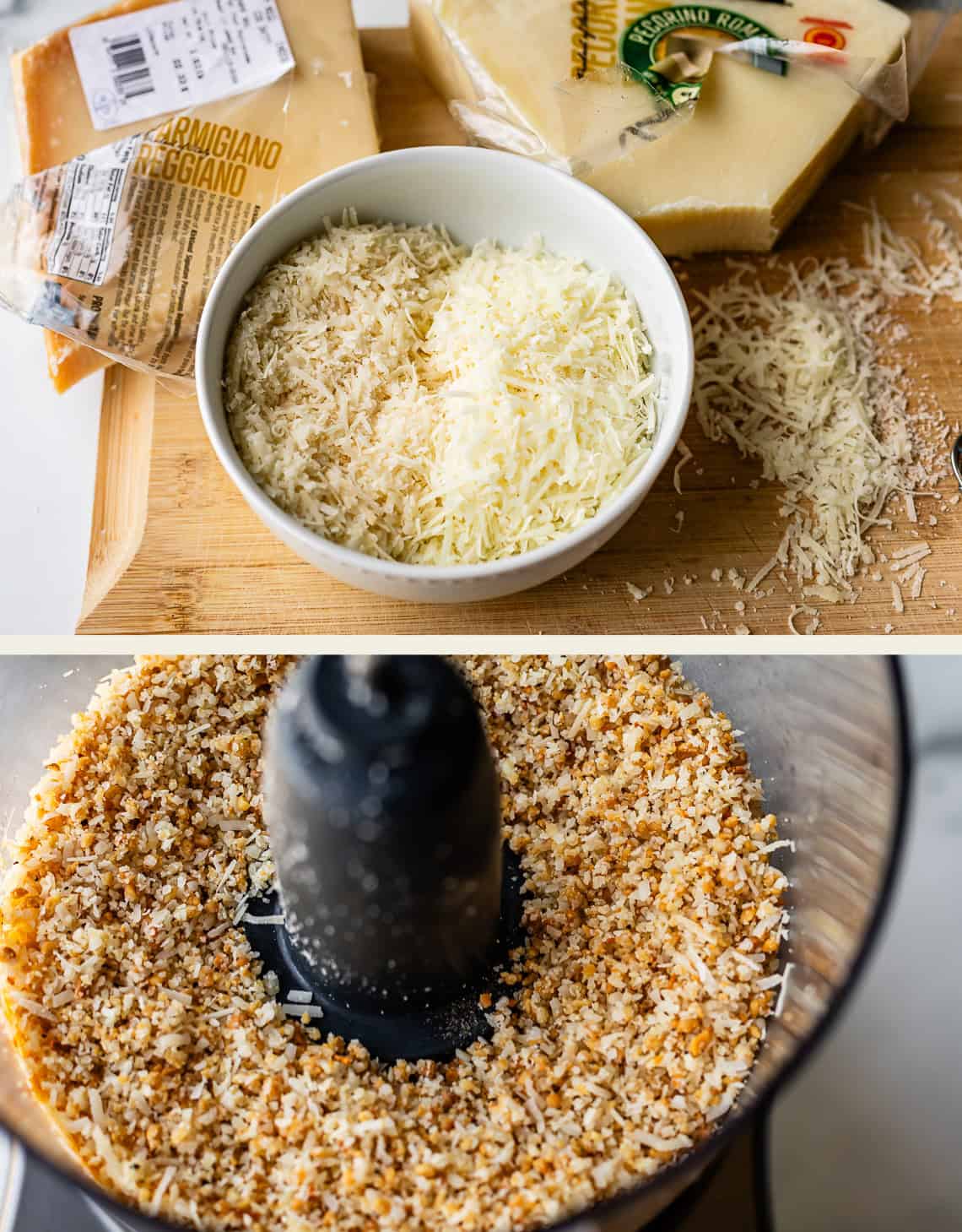 Two images: the top shows grated Parmesan cheese in a bowl and on a cutting board with cheese blocks; the bottom shows browned breadcrumb and cheese mixture in a food processor.