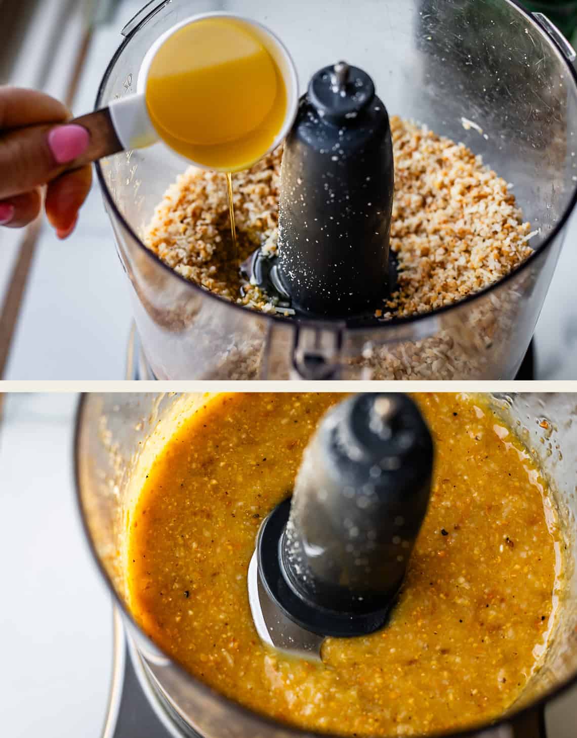 A split image shows the top view of a food processor: the upper half displays oil being poured onto chopped nuts or crumbs, and the lower half shows the ingredients blended into a smooth, yellow mixture.