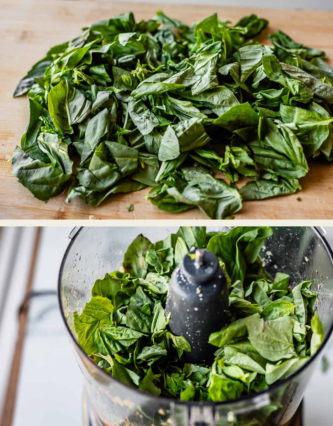 Chopped fresh basil leaves on a wooden cutting board in the top image; in the bottom image, basil leaves inside a food processor, ready to be blended.