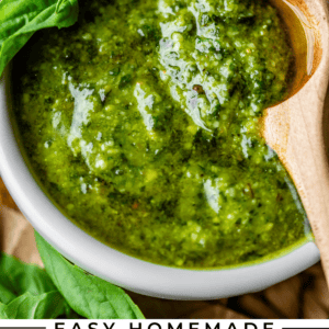 A bowl of vibrant green basil pesto with a wooden spoon, garnished with fresh basil leaves. The text below reads “Easy Homemade Basil Pesto | The Food Charlatan.”.