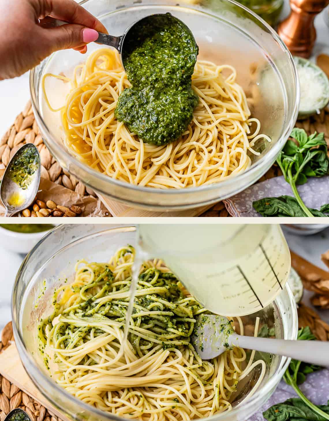 Two images: The first shows pesto sauce being poured onto cooked spaghetti in a glass bowl. The second shows spaghetti being mixed with pesto while pasta water is added from a measuring cup.