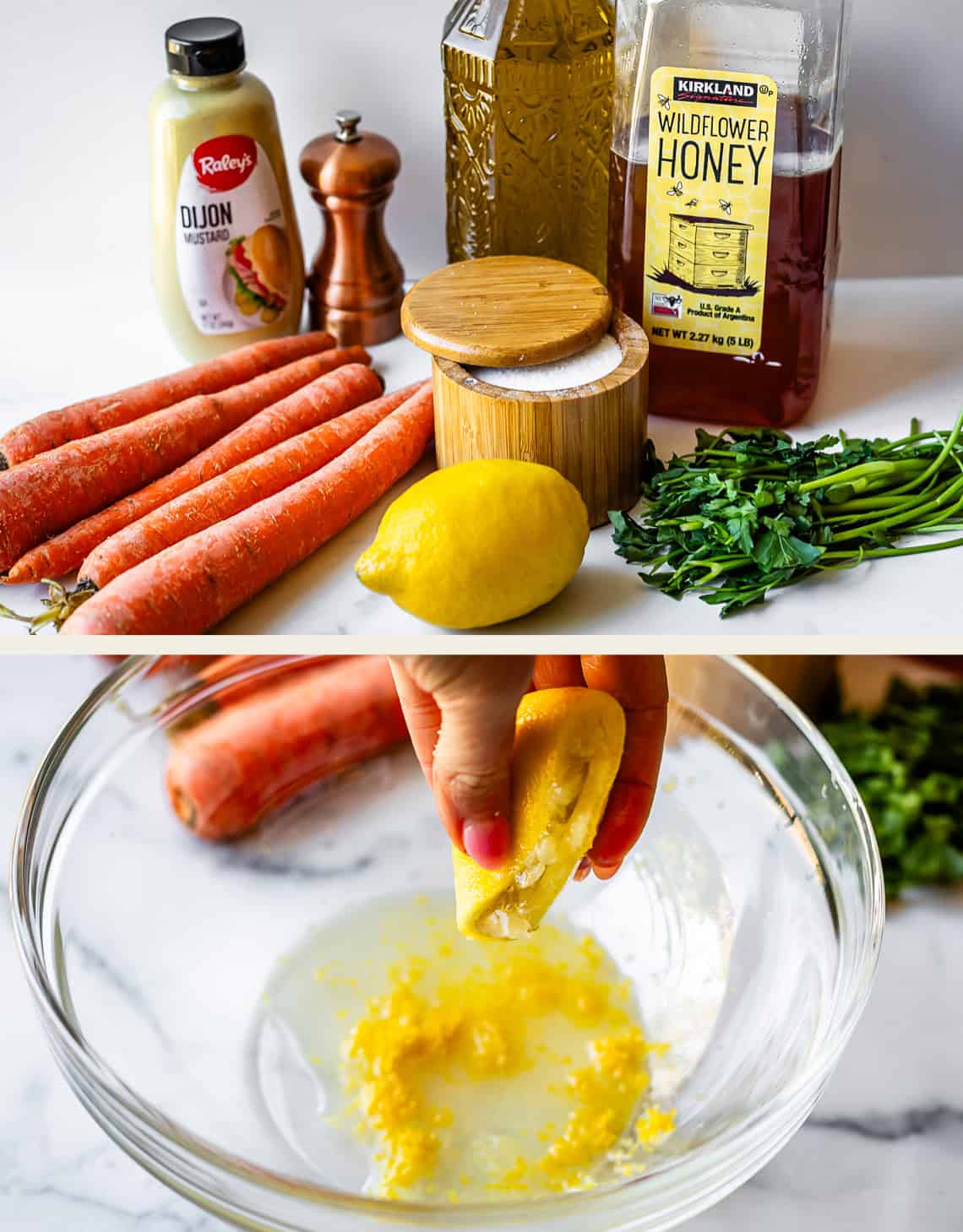 Two images: Top&mdash;carrots, Dijon mustard, olive oil, honey, salt, black pepper, lemon, and parsley on a counter. Bottom&mdash;a hand squeezes half a lemon into a glass bowl with lemon zest and juice inside.