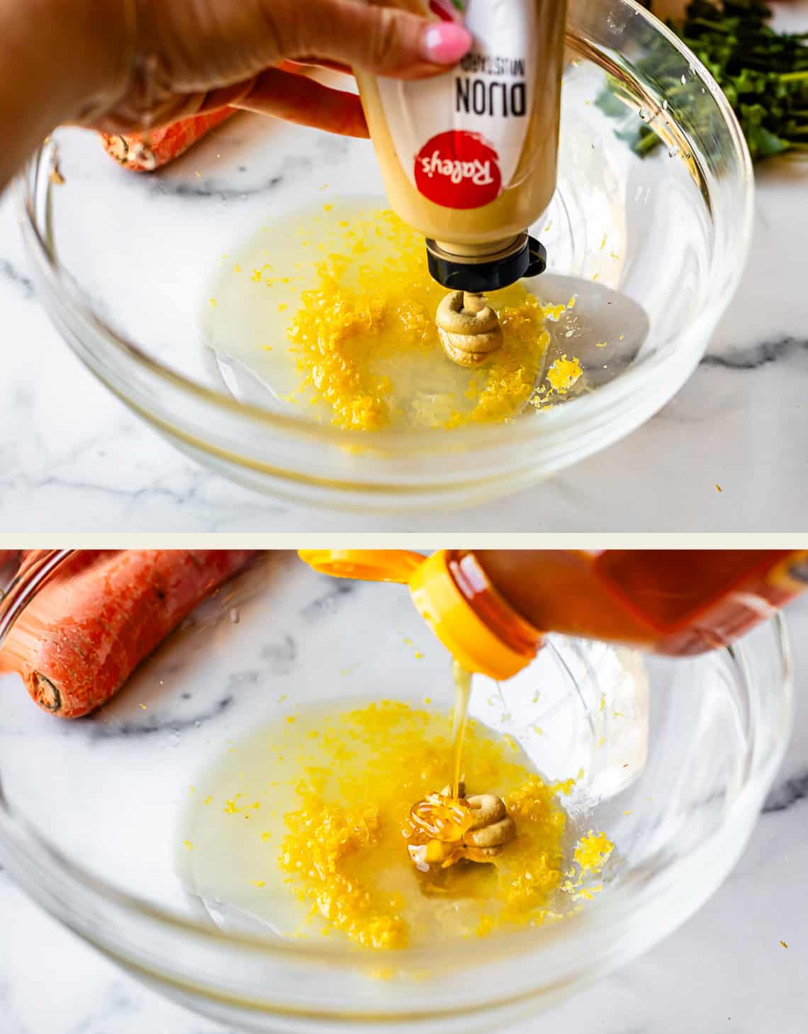 Top image: A hand squeezes Dijon mustard into a glass bowl containing lemon zest and juice. Bottom image: Honey is being poured into the same bowl with mustard, lemon zest, and juice on a white surface. A carrot is visible in the background.