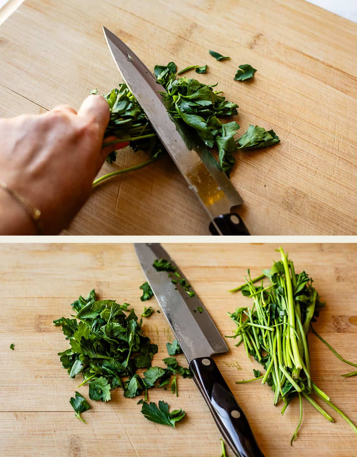 Two images show fresh parsley being chopped on a wooden cutting board. In the top image, a hand slices parsley with a knife. In the bottom image, chopped parsley leaves and stems are separated beside the knife.