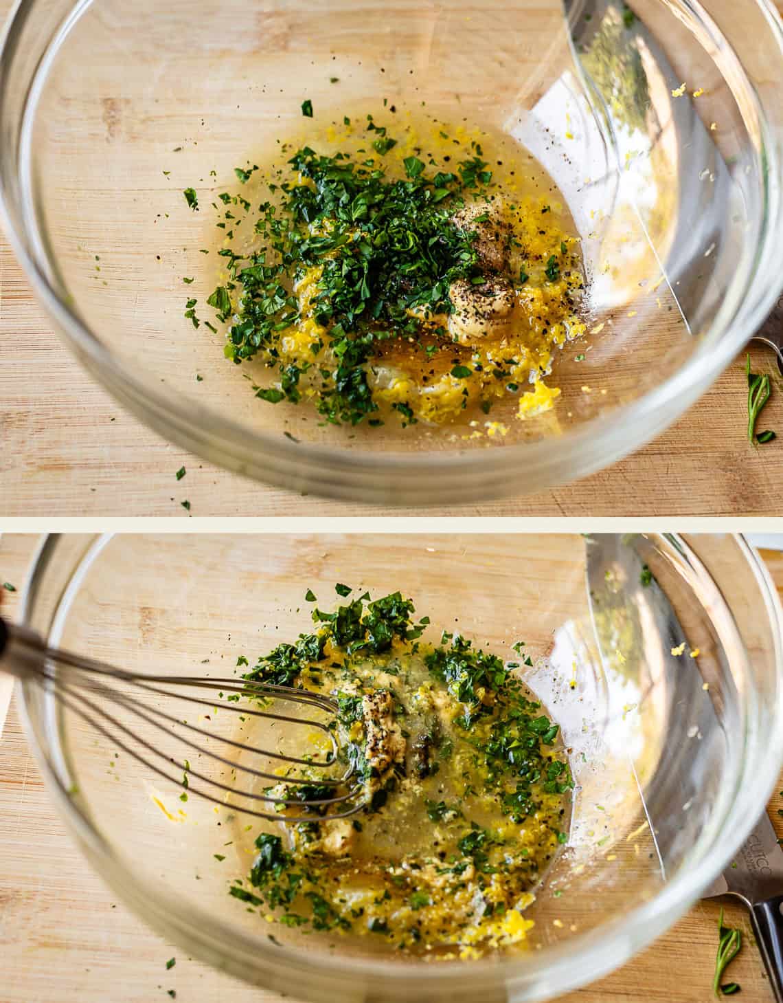 Two images: The top shows oil, chopped herbs, and seasonings in a glass bowl. The bottom shows the mixture being whisked together, blending the ingredients. Both images are set on a wooden surface.