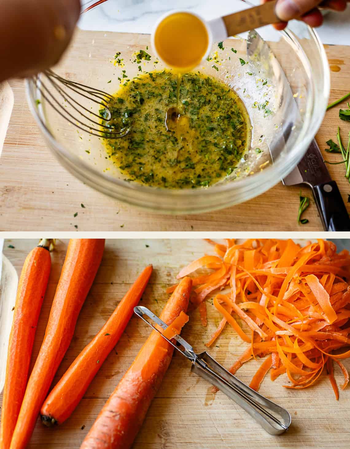Top: A hand pours yellow liquid from a measuring spoon into a bowl with whisked herbs and oil. Bottom: Peeled carrots and a vegetable peeler rest on a cutting board alongside a pile of carrot peels.