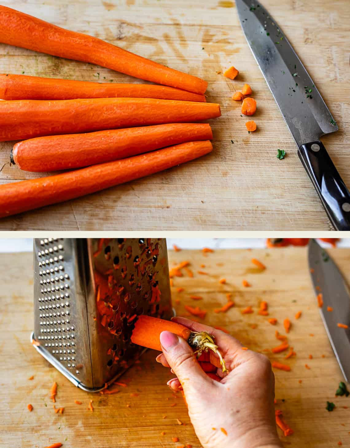 Two images: The top shows whole carrots and a knife on a wooden cutting board. The bottom shows a hand grating a carrot against a metal box grater, with carrot pieces scattered around.