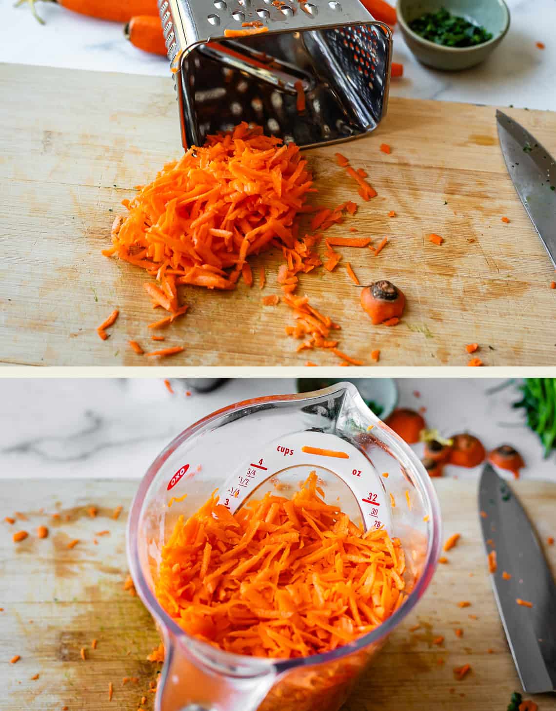 Two images: The top shows freshly grated carrots on a wooden cutting board beside a box grater and a knife. The bottom shows the grated carrots collected in a clear measuring cup.