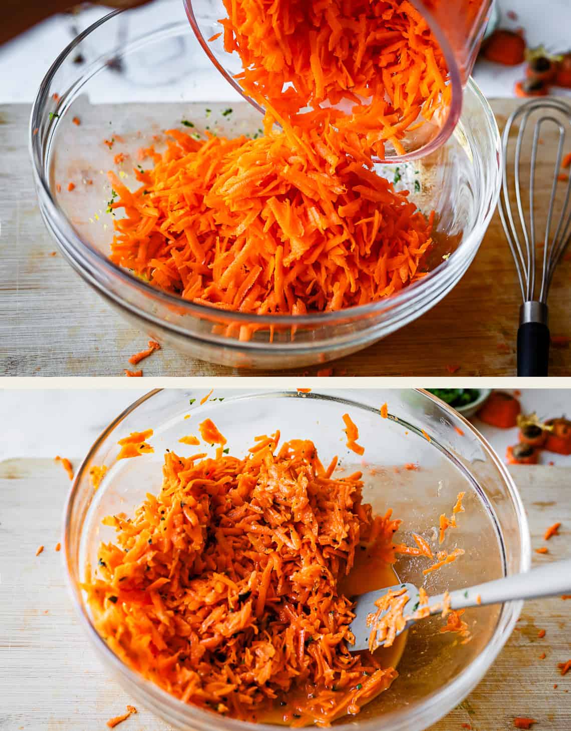 Two images: Top&mdash;shredded carrots being poured into a glass bowl next to a whisk; Bottom&mdash;shredded carrots mixed with dressing in the same bowl with a spatula.